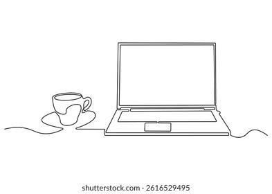 Continuous one line drawing of Laptop and a cup of coffee or tea. Single line drawing illustration of Laptop and cup coffe. Relax concept vector art. Doodle line illustration.