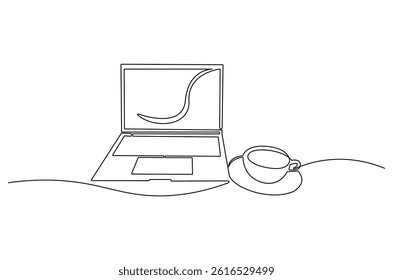 Continuous one line drawing of Laptop and a cup of coffee or tea. Single line drawing illustration of Laptop and cup coffe. Relax concept vector art. Doodle line illustration.