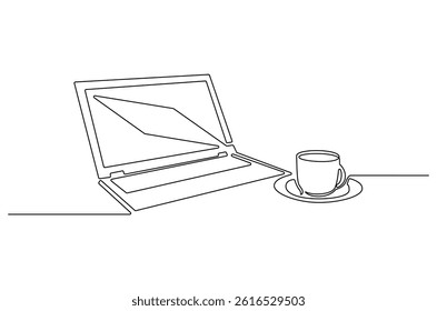 Continuous one line drawing of Laptop and a cup of coffee or tea. Single line drawing illustration of Laptop and cup coffe. Relax concept vector art. Doodle line illustration.