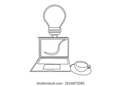 Continuous one line drawing of Laptop and a cup of coffee with light bulb. Single line drawing illustration of Laptop and bulb. Idea concept vector art. Doodle line illustration.