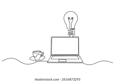 Continuous one line drawing of Laptop and a cup of coffee with light bulb. Single line drawing illustration of Laptop and bulb. Idea concept vector art. Doodle line illustration.