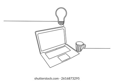 Continuous one line drawing of Laptop and a cup of coffee with light bulb. Single line drawing illustration of Laptop and bulb. Idea concept vector art. Doodle line illustration.