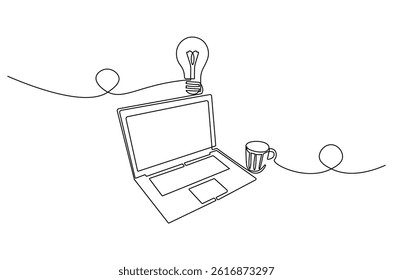 Continuous one line drawing of Laptop and a cup of coffee with light bulb. Single line drawing illustration of Laptop and bulb. Idea concept vector art. Doodle line illustration.