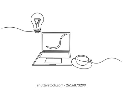 Continuous one line drawing of Laptop and a cup of coffee with light bulb. Single line drawing illustration of Laptop and bulb. Idea concept vector art. Doodle line illustration.