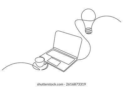 Continuous one line drawing of Laptop and a cup of coffee with light bulb. Single line drawing illustration of Laptop and bulb. Idea concept vector art. Doodle line illustration.