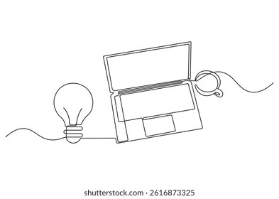 Continuous one line drawing of Laptop and a cup of coffee with light bulb. Single line drawing illustration of Laptop and bulb. Idea concept vector art. Doodle line illustration.