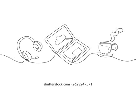Continuous one line drawing of laptop, headphones, and coffee or tea cup, symbols of remote work, cloud tech, and modern connectivity. Vector illustration, Editable stroke