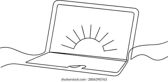 Continuous one line drawing of laptop computer with sun rising on screen. New beginning and fresh start concept.