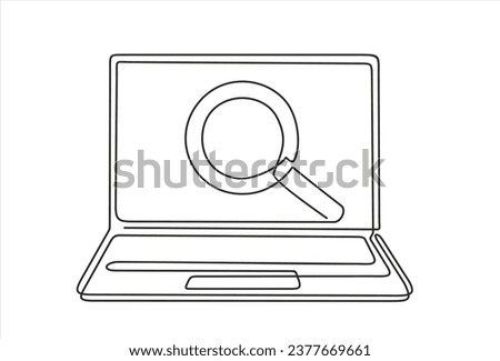 Continuous one line drawing of laptop with browser and magnifying glass. Search. Hand drawn design vector illustration. Hand drawn one line vector.