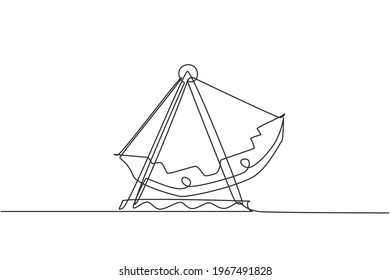 Continuous one line drawing large swing boat in an amusement park driven by an engine in outdoor land. Fun kids play on funfair festival concept. Single line draw design vector graphic illustration.