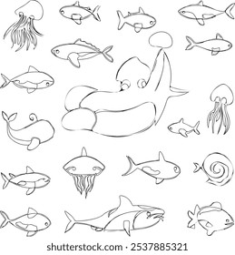 Continuous one line drawing large Ocean animals 