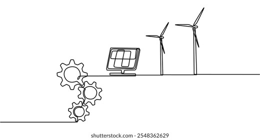 Dibujo continuo de una línea de engranajes Grandes, paneles solares y molinos de viento que representan la circulación de energía. Concepto de energía renovable.