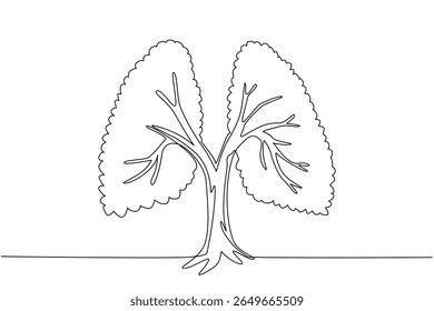 Continuous one line drawing large trunked trees have branches with leaves that form lungs. A dense plant that is good for the lungs. Ecology. Tree Concept. Single line draw design vector illustration