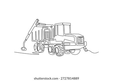 Kontinuierliche einzeilige Zeichnung großer landwirtschaftlicher Transport- oder Nutzfahrzeuge. Mehrrädriges Fahrgestell, funktionale Ladung oder industriell verwendbarer Bearbeitungskörper. Vektorgrafik mit einzeiligem Design