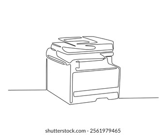 Continuous one line drawing laser printer and copy machine. Office printing device in single line draw vector illustration. Editable line vector. 