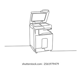 Continuous one line drawing laser printer and copy machine. Office printing device in single line draw vector illustration. Editable line vector. 