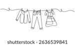 Continuous one line drawing of laundry hang on clothline. Vector illustration, Hand drawn hanging laundry, Family with two children represented by their clothes drying outside in a casual setting.