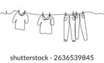 Continuous one line drawing of laundry hang on clothline. Vector illustration, Hand drawn hanging laundry, Family with two children represented by their clothes drying outside in a casual setting.