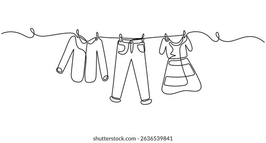 Continuous one line drawing of laundry hang on clothline. Vector illustration, Hand drawn hanging laundry, Family with two children represented by their clothes drying outside in a casual setting.