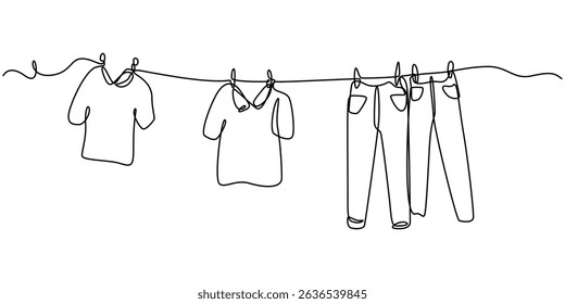 Continuous one line drawing of laundry hang on clothline. Vector illustration, Hand drawn hanging laundry, Family with two children represented by their clothes drying outside in a casual setting.