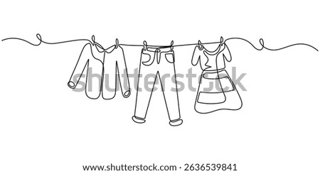 Continuous one line drawing of laundry hang on clothline. Vector illustration, Hand drawn hanging laundry, Family with two children represented by their clothes drying outside in a casual setting.