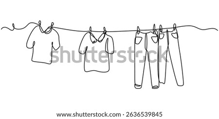Continuous one line drawing of laundry hang on clothline. Vector illustration, Hand drawn hanging laundry, Family with two children represented by their clothes drying outside in a casual setting.