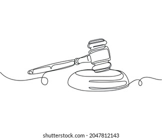 Continuous one line drawing of law theme mallet of the judge law icon in silhouette on a white background. Linear stylized.