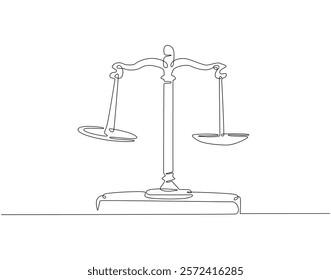 Continuous one line drawing of law balance and scale of justice. One line drawing illustration of scale of justice. Balance, equality concept single line. Editable outline