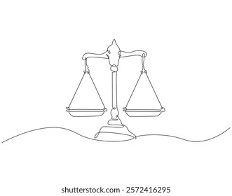 Continuous one line drawing of law balance and scale of justice. One line drawing illustration of scale of justice. Balance, equality concept single line. Editable outline