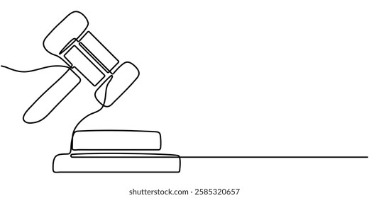 continuous one line drawing of law Judge's gavel continuous one line drawing minimalism design isolated on white background ector, A judge hammer is draw by a single line on a white background. 