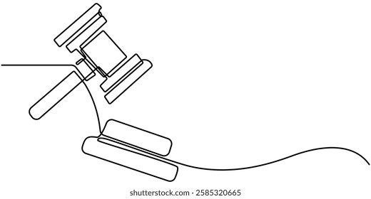 continuous one line drawing of law Judge's gavel continuous one line drawing minimalism design isolated on white background ector, A judge hammer is draw by a single line on a white background. 