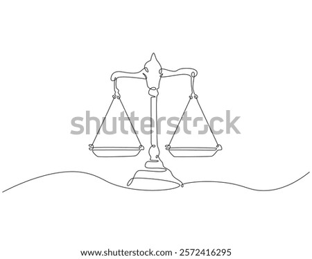 Continuous one line drawing of law balance and scale of justice. One line drawing illustration of scale of justice. Balance, equality concept single line. Editable outline