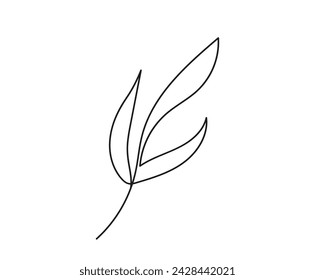 Continuous one line drawing of leaf. Line art. Plant, greenery. Concept of nature, ecology, organic shapes. White background. Design element for print, postcard, scrapbooking, coloring book. 