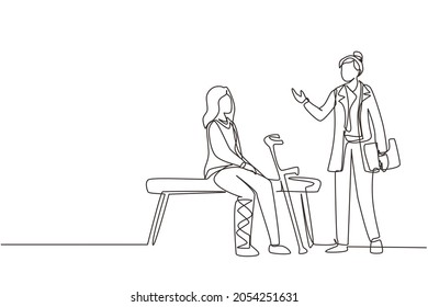 Continuous one line drawing leg fracture patient. Medical doctor talking to woman with broken leg in hospital room. Young girl on consultation with trauma. Single line draw design vector illustration