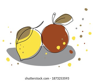 Continuous one line drawing of lemon and orange. Color vector illustration on white background. Bright still life in a modern minimalist style.