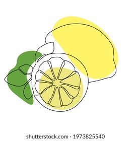 Continuous one line drawing lemon. Vector illustration. Black line art on white background with colorful spots. Cartoon lemon isolated on white background.  Vegan concept