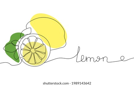 Continuous one line drawing lemon. Vector illustration. Black line art on white background with colorful spots. Cartoon lemon isolated on white background.  Vegan concept