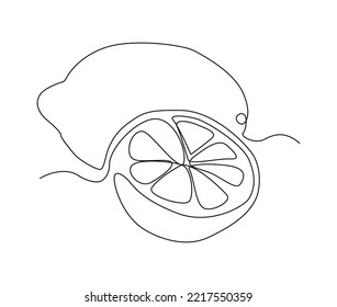 Continuous one line drawing of lemon fruit with leaf. Citrusi fruit hand drawn single line art vector illustration.