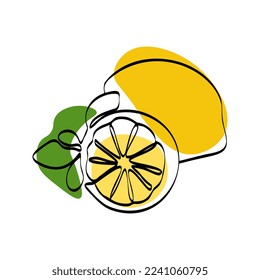 Continuous one line drawing lemon. Vector illustration. Black line art on white background with colorful spots. Cartoon lemon isolated on white background. Vegan concept