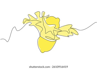 Continuous one line drawing lemon cut in half and splash juice comes out from the bottom. Made into infused water. Maintaining body health. Juice Splash. Single line draw design vector illustration
