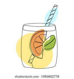Continuous one line drawing with lemonade. Contemporary vector illustration on white background. Black line art on white background with colorful spots.