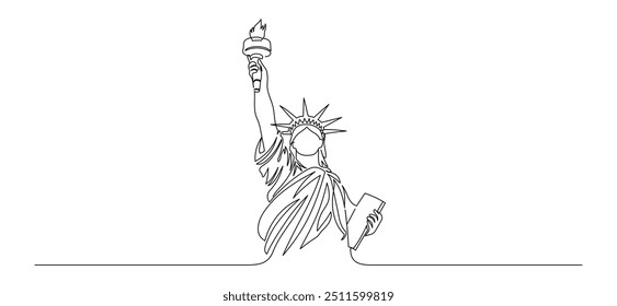 Um desenho contínuo da Estátua da Liberdade. Os pontos de referência dos EUA e cidade de Nova York lugar famoso em estilo linear simples. Traçado editável. Ilustração de vetor de rabiscar