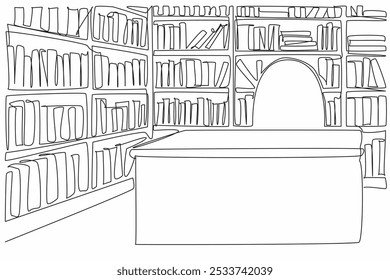 Kontinuierliche einzeilige Zeichnung Bibliothekar Schreibtisch und Stuhl in der Ecke der Bibliothek. Platz für manuelle Mitgliedschaftskartenerstellung. Inneneinrichtung. Nationalbibliothekstag. Vektorgrafik mit einfarbiger Zeichnung