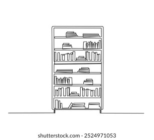 Continuous one line drawing of library bookshelf furniture. Bookcases with books simple line art vector design.