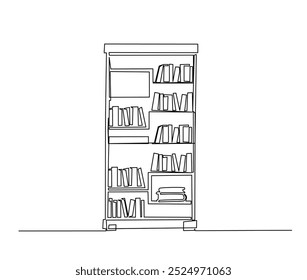 Continuous one line drawing of library bookshelf furniture. Bookcases with books simple line art vector design.