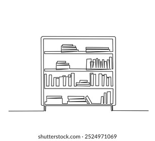 Continuous one line drawing of library bookshelf furniture. Bookcases with books simple line art vector design.