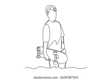 Continuous one line drawing of the lifestyle of young people brings skateboarding. Rest, holiday, human life, relaxation, comfort, lifestyle. Single line design vector graphic illustration
