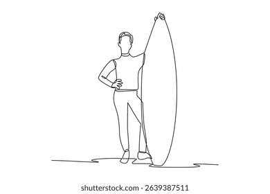 Continuous one line drawing of the lifestyle of young people playing surfing. Rest, holiday, human life, relaxation, comfort, lifestyle. Single line design vector graphic illustration