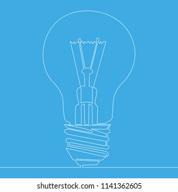 Continuous one line drawing light bulb symbol idea vector illustration isolated on blue background.