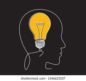 Continuous one line drawing light bulb symbol idea.The concept of thinking ideas inside the person's head